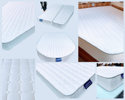 Collage of custom shaped mattresses by MyBespoke to fit a variety of caravan beds.