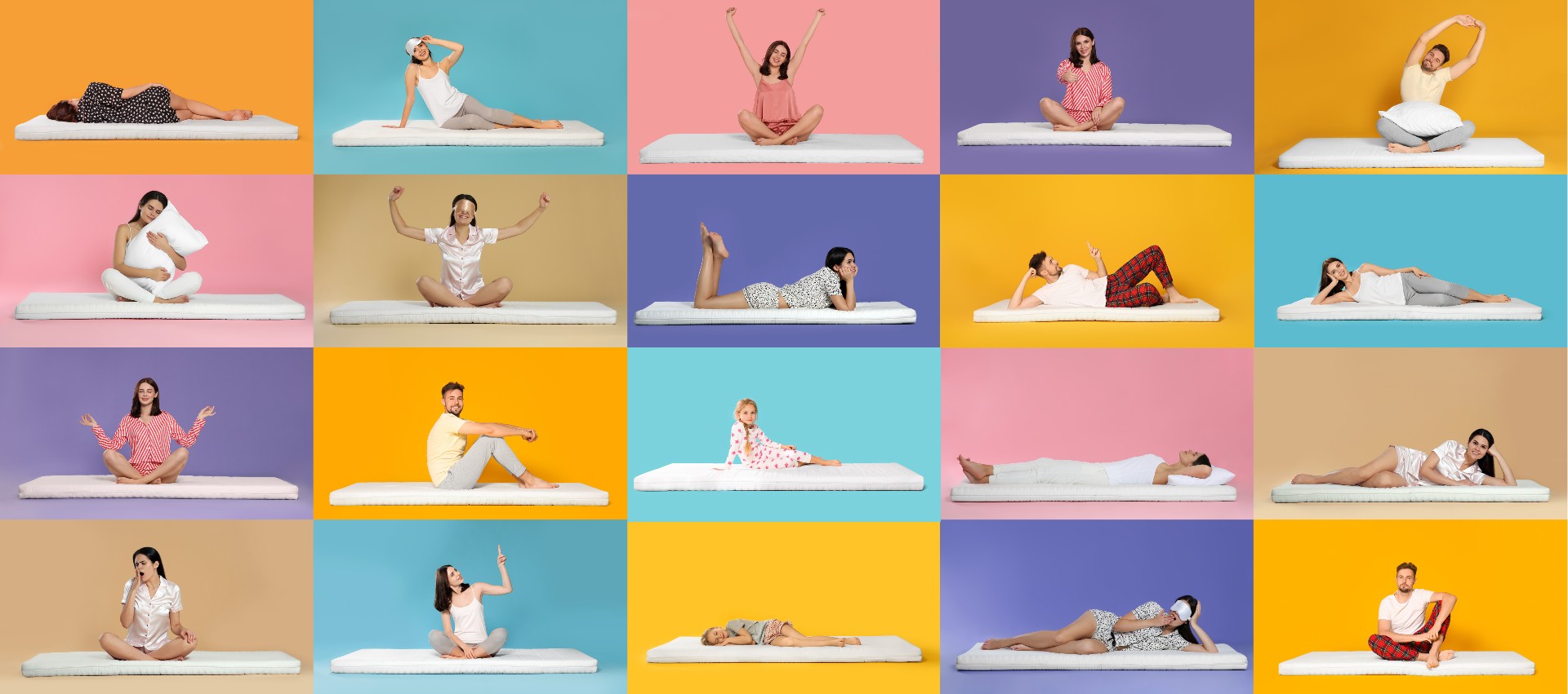 Collage with photos of people on soft comfortable mattresses on different color backgrounds