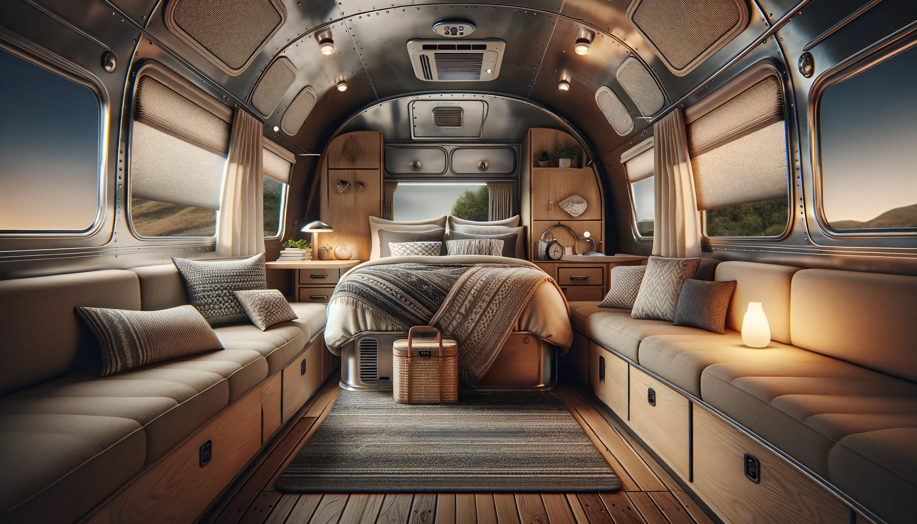 A cozy and inviting Airstream caravan interior, showcasing high-quality bedding, efficient storage, and personal touches, creating a warm and relaxing sleep environment with soft lighting and soundproofing elements for a restful caravan experience.