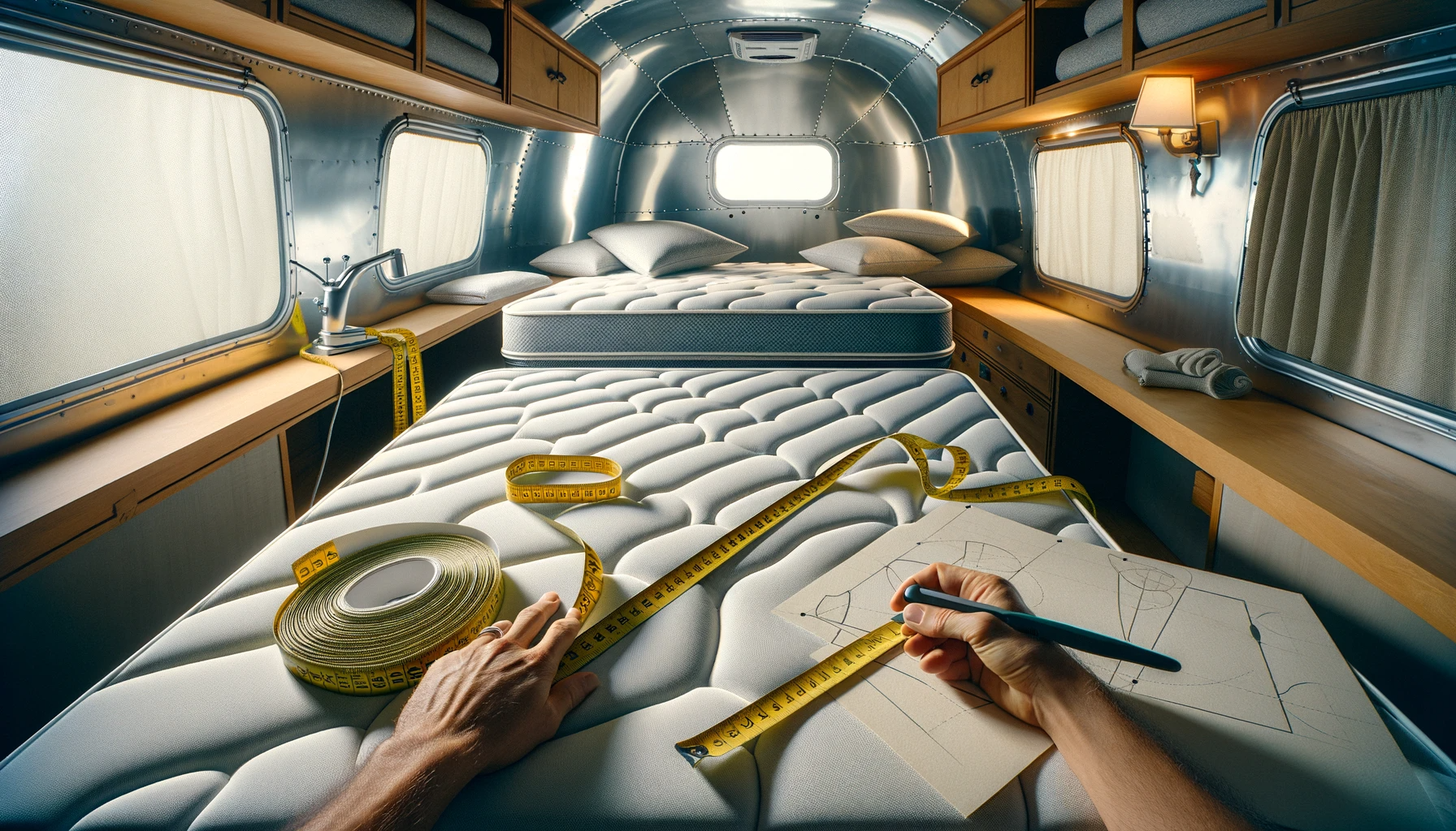 The meticulous process of customizing a mattress for an Airstream caravan, showcasing the measurement and tailoring steps to ensure a bespoke fit, reflecting the precision required to enhance the unique comfort and style of an Airstream interior.