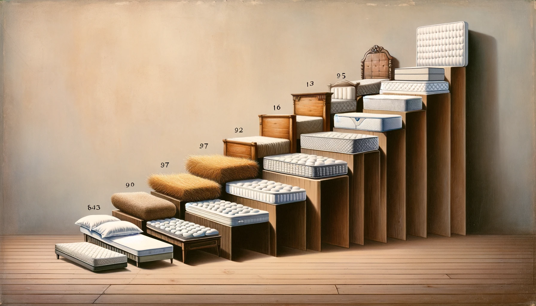 An artistic interpretation of the evolution of sleep technology, showing a progression from simple, ancient bedding to modern, sophisticated mattresses. The image should depict a sequence of beds starting with basic straw-filled mats, evolving through various historical styles, and culminating in contemporary designs featuring memory foam and high-tech materials.