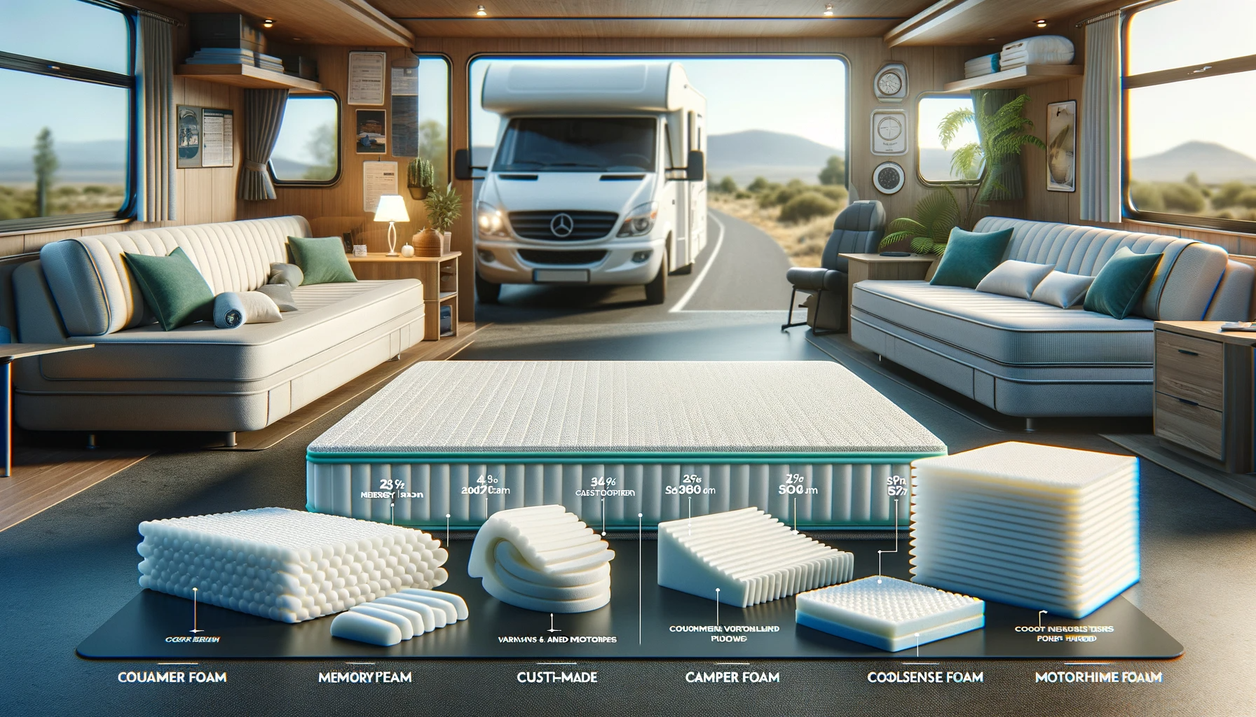 A diverse collection of top-rated mattress toppers, including memory foam, custom-made, and CoolSense foam, showcased in a caravan environment, highlighting their features and benefits for enhancing sleep comfort on the road.