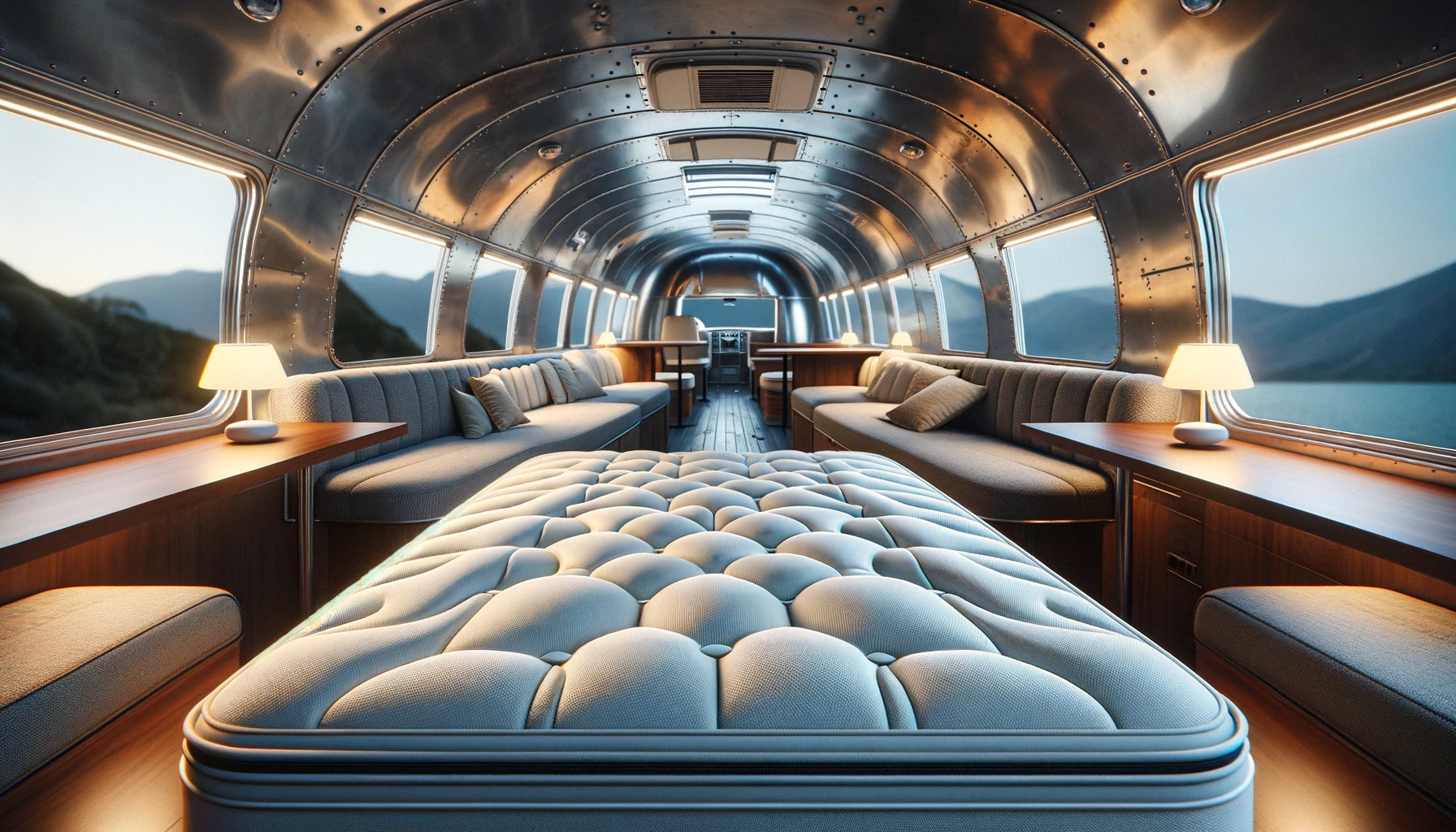 An inviting and stylish interior of an Airstream caravan showcasing a luxurious mattress, fitting seamlessly into the caravan's unique curved design, symbolizing both comfort and adventure on the open road.