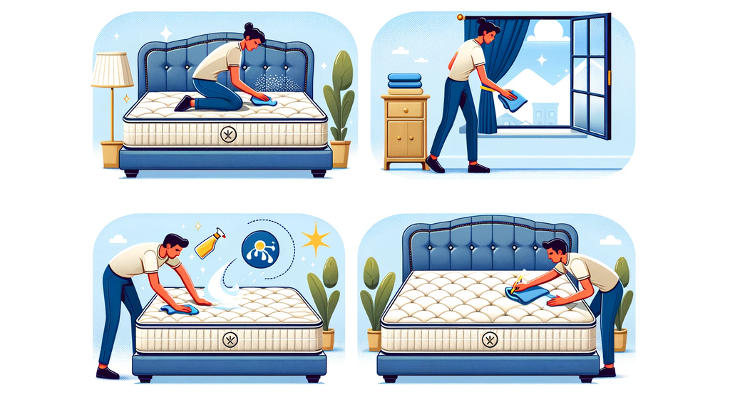 Vector illustration showcasing various care activities for a high-quality mattress: a person gently spot cleaning a stain, an open window allowing for fresh air circulation, and someone adjusting a mattress protector on a plush bespoke mattress.