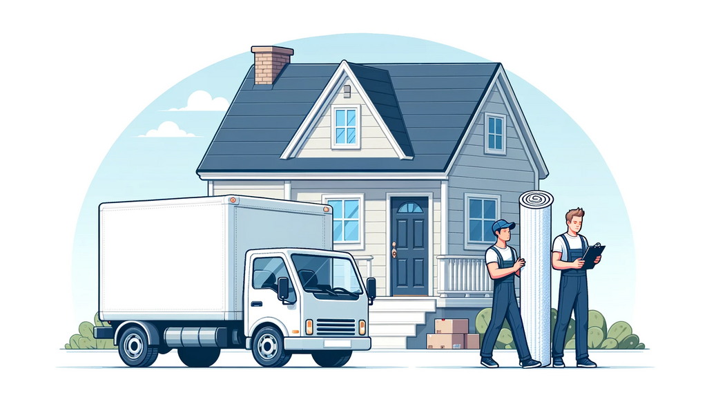 Vector illustration of a delivery truck parked outside a house with a rolled-up mattress next to it, ready to be delivered. A delivery person is seen holding a clipboard, checking details, while another is carrying the mattress towards the home's entrance.