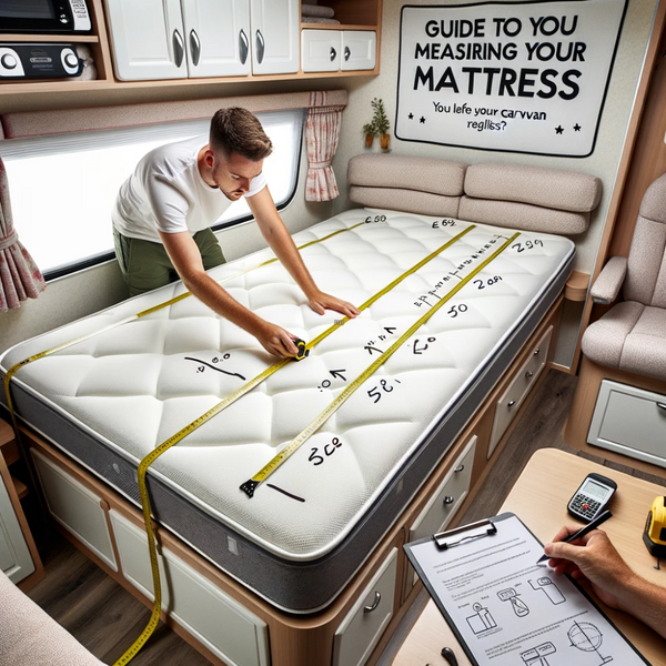 Photo of a well-lit caravan interior focusing on the mattress. A white English individual is seen using a measuring tape to determine the mattress's length, width, and depth. Annotations are visible on the image, indicating the various measurements. A clipboard and pen lie on the side of the mattress, where notes are being made. An informational banner hanging above reads, 'Guide to Measuring Your Caravan Mattress', with visual cues on proper measuring techniques.