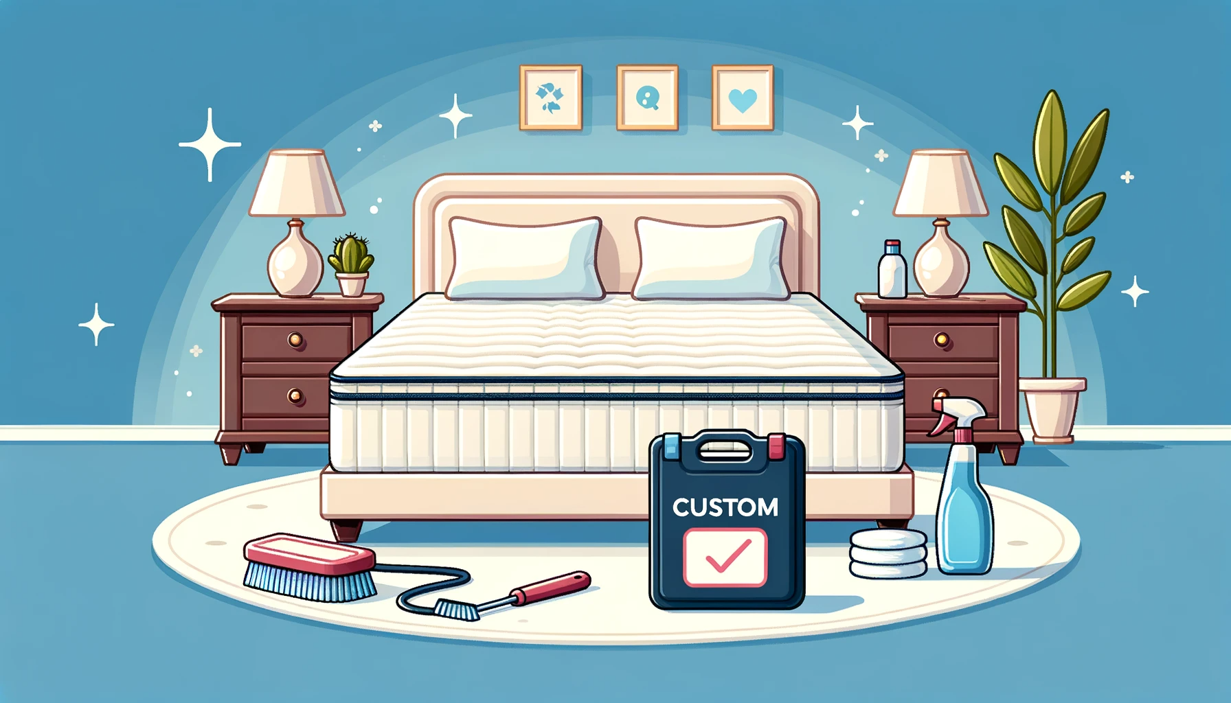 Vector illustration of a bedroom scene with a pristine custom mattress. Close-by, there's a care kit with cleaning and maintenance tools, indicating the proper way to care for the mattress.