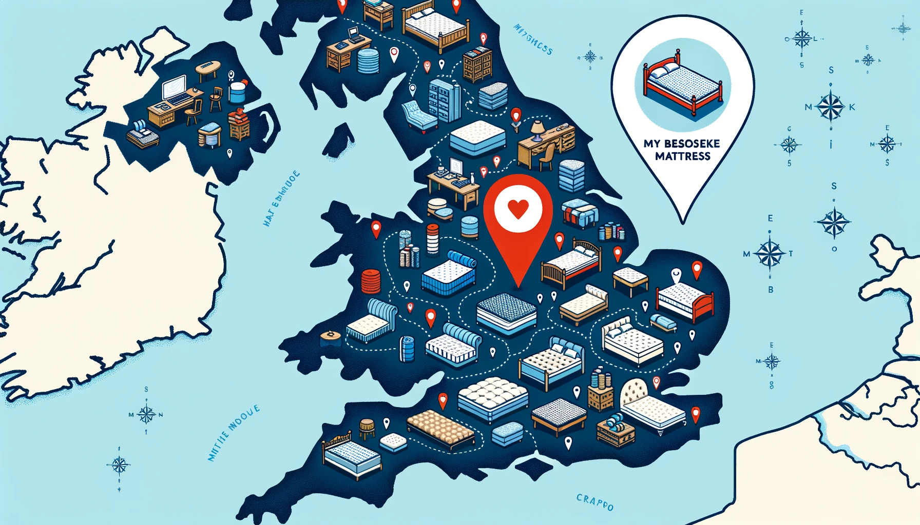 Vector illustration of a detailed UK map pinpointing various mattress workshops and craftspeople, with an emphasis on a large pin for MyBespokeMattress.com.