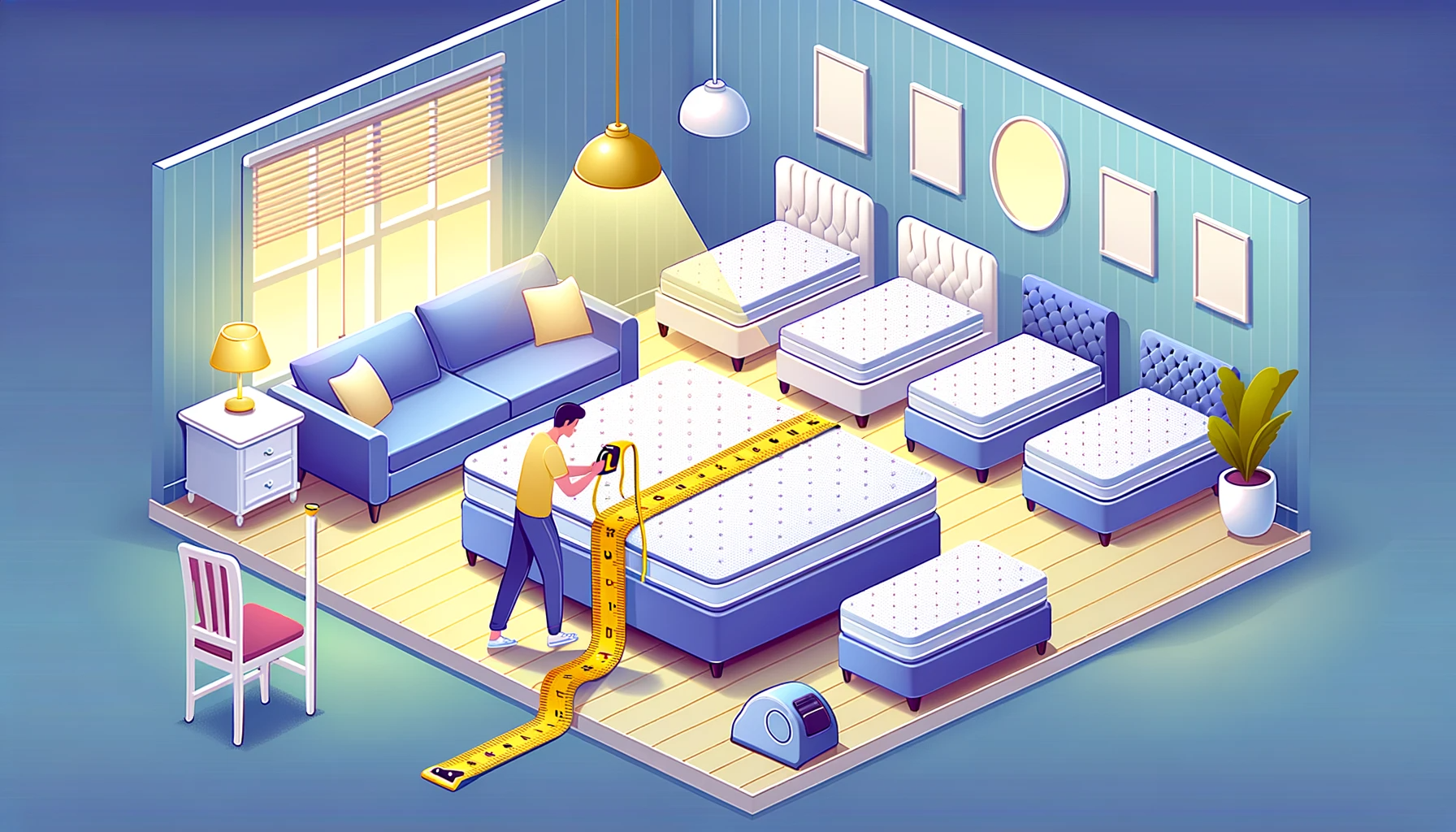 16:9 colorful vector illustration of a modern bedroom where an individual is actively measuring a mattress with a tape measure. Around the room, there are different mattress sizes showcased, with a golden spotlight on the ideal mattress size that the individual has chosen.