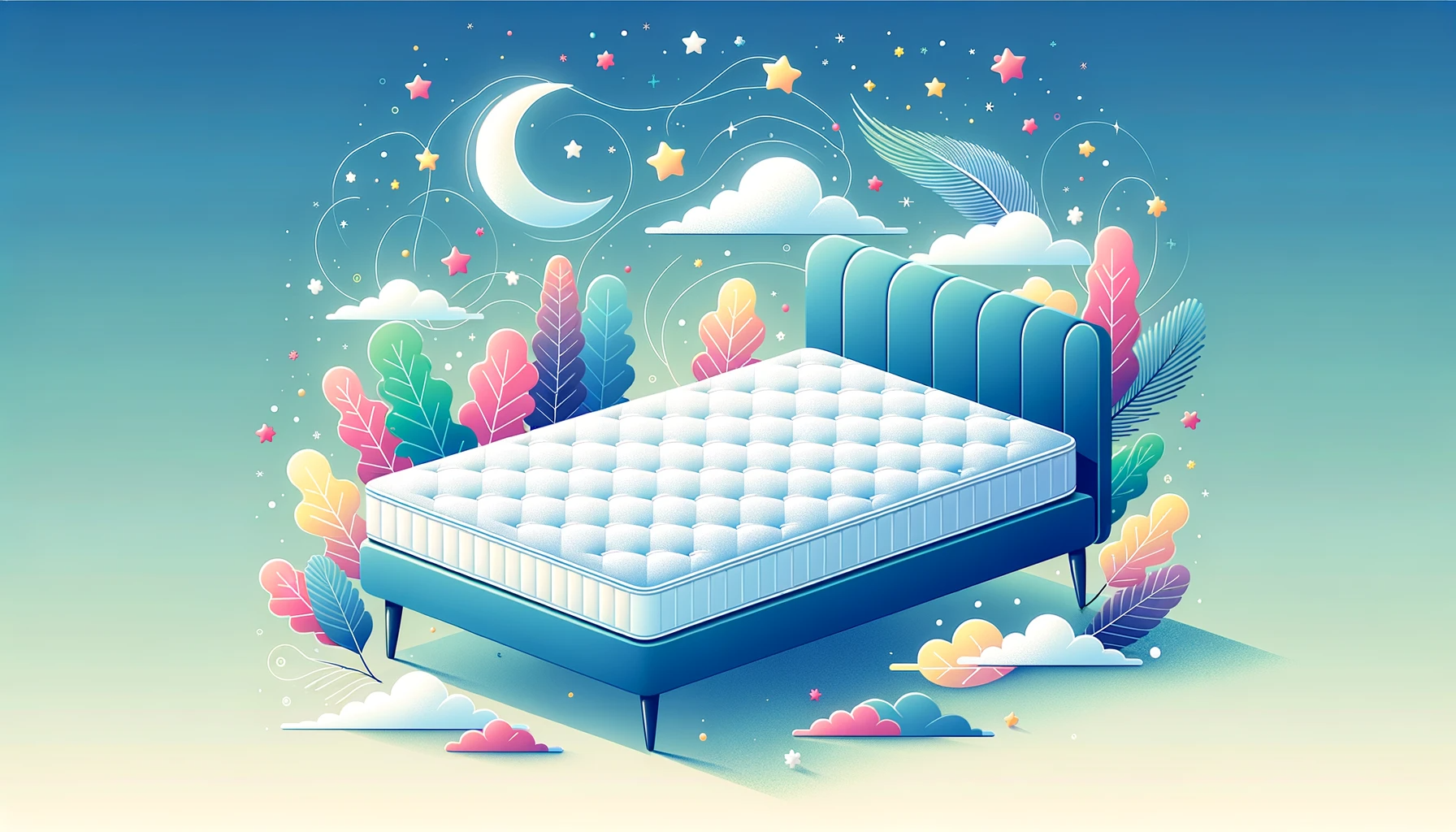 16:9 colorful vector illustration of a serene bedroom environment where the focus is on a plush mattress topper placed on top of a bed. Surrounding the bed are dreamy elements like stars and floating feathers, emphasizing the enhanced comfort the topper brings.