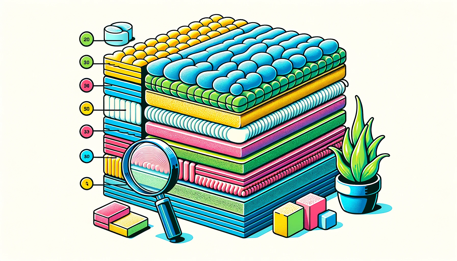 Colorful vector image illustrating various foam materials used in mattresses. The image showcases layers of foam, each distinctively colored and labeled, to represent different types. Beside the layers, there's a magnifying glass emphasizing the texture of the foam.