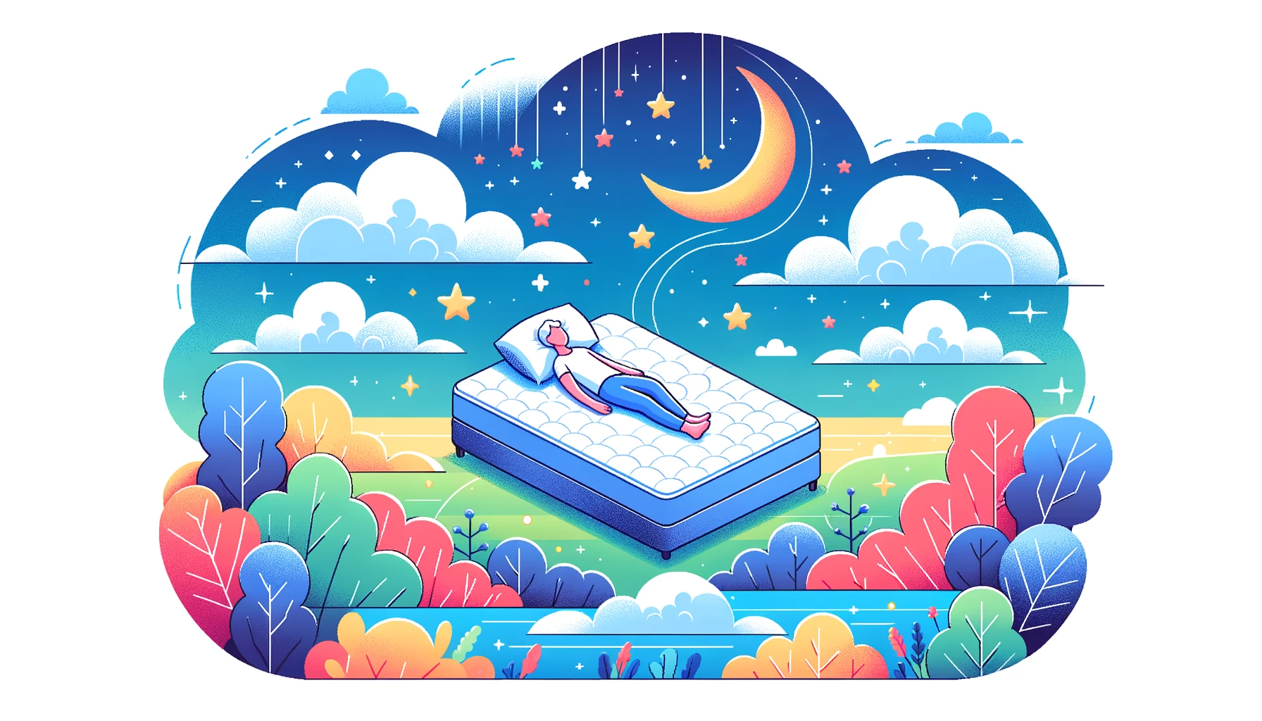 Colorful vector image depicting a person in a dreamy landscape, symbolizing their quest for perfect sleep. The landscape has fluffy clouds, stars, and a crescent moon. The person is lying comfortably on a mattress floating in the air, looking relaxed and peaceful.