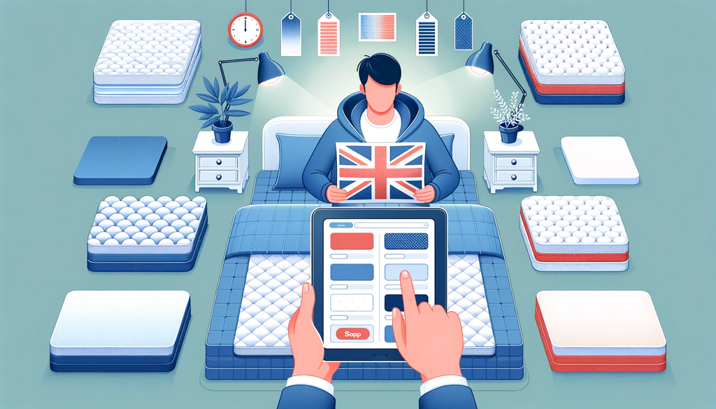 Vector image of a person in the UK, browsing through different custom mattress options on a digital tablet with swatches of fabric and foam samples spread out in front of them.