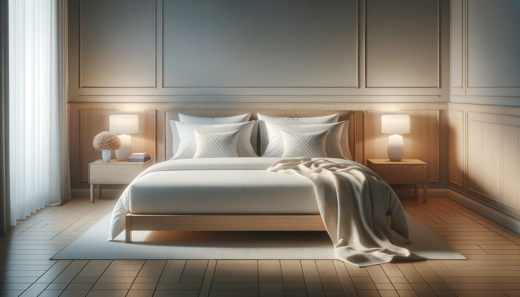 16:9 vector image illustrating a serene bedroom with a perfectly sized mattress on a wooden bed frame, adorned with soft pillows and a cozy blanket. The room has subtle ambient lighting, casting a gentle glow, emphasizing the comfort and tranquility of the space.