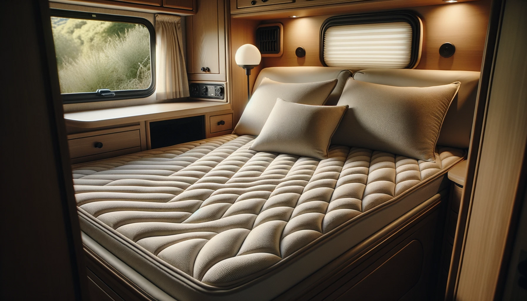Photo of a motorhome bed with the MyBespoke mattress topper, showcasing its luxurious texture and material. The surroundings should highlight the quality and craftsmanship of the topper. Incorporate soft lighting to emphasize its comfort and quality.