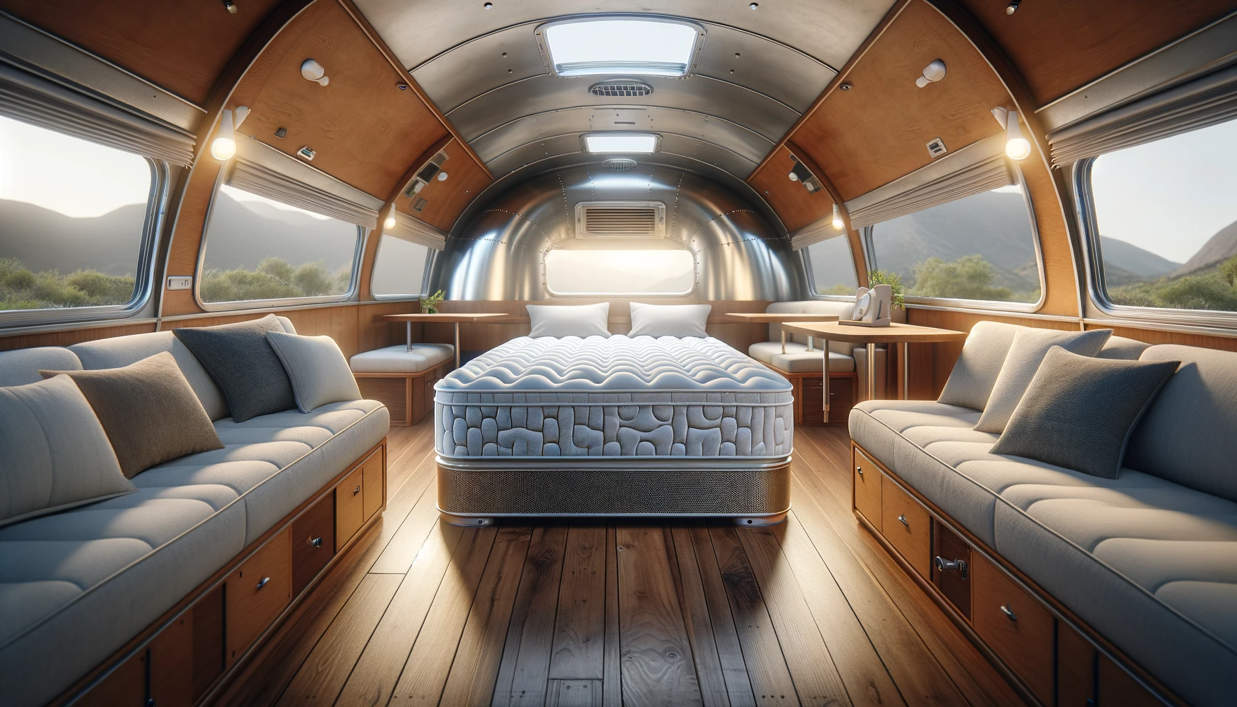 Inside an Airstream caravan, showcasing a luxurious and comfortable mattress, symbolizing the essential blend of practicality and luxury for a restful travel experience, highlighting the importance of comfort and support in the stylish confines of an Airstream.