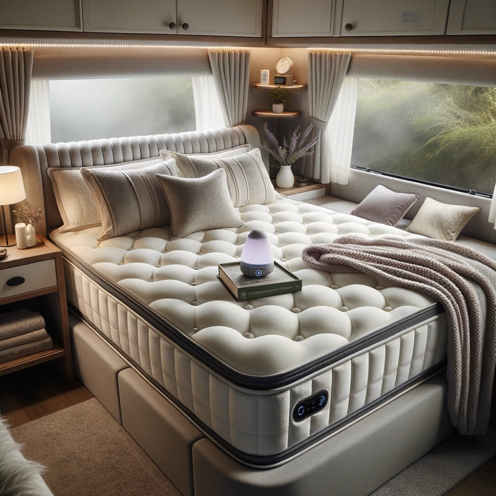 Photo of a caravan interior emphasizing a luxurious mattress. The mattress is adorned with high-quality linens, plush pillows, and a sumptuous blanket, showcasing its premium quality. Subtle ambient lighting from soft LED lights enhances the texture and details of the mattress and bedding. On the side, there's a nightstand with a book titled 'The Essence of Quality Sleep' and a portable diffuser emitting a calming lavender scent, setting the mood for a restful sleep experience.