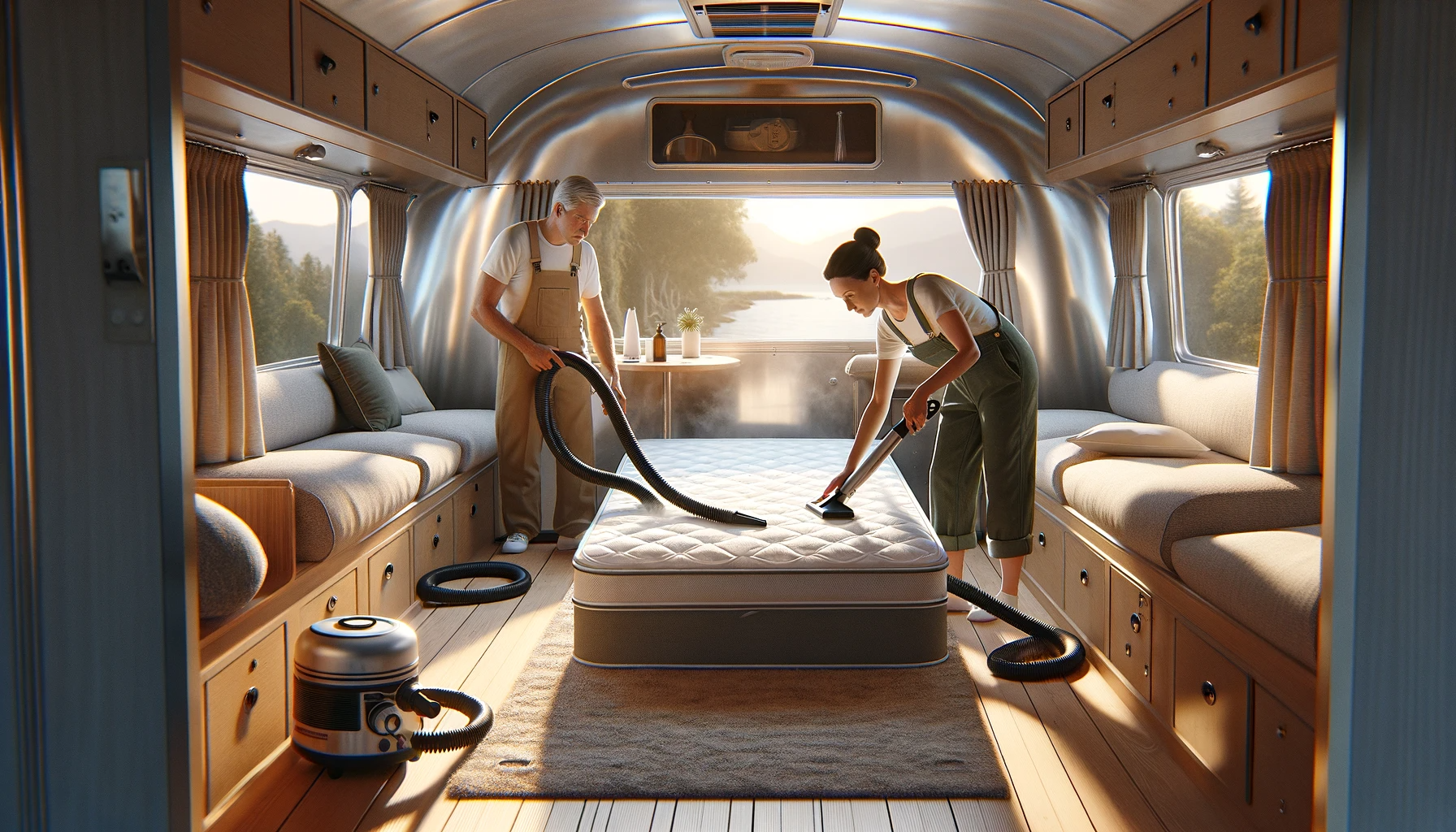 A woman engaging in the care and maintenance of a mattress inside an Airstream caravan, performing tasks like vacuuming and applying a protective cover, showcasing the essential practices for ensuring a clean, hygienic, and comfortable travel experience