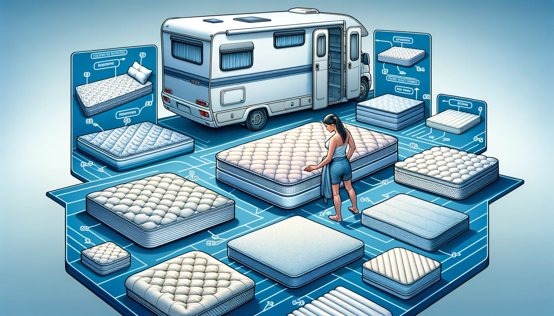 A middle-aged woman thoughtfully examining various mattress toppers for a caravan bed, highlighting different thicknesses, materials, and firmness levels, showcasing the careful selection process for optimal travel comfort