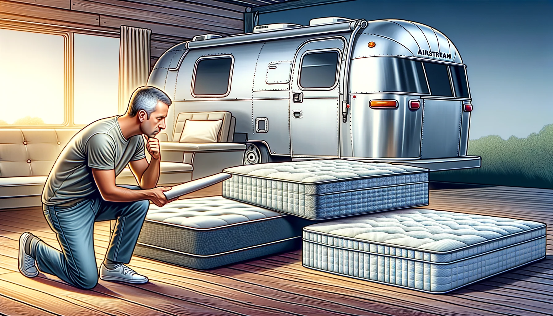 A middle-aged man thoughtfully examining various mattresses, focusing on comfort, size, and material suitability for an Airstream caravan, symbolizing the detailed decision-making process for enhancing travel comfort in a caravan environment.