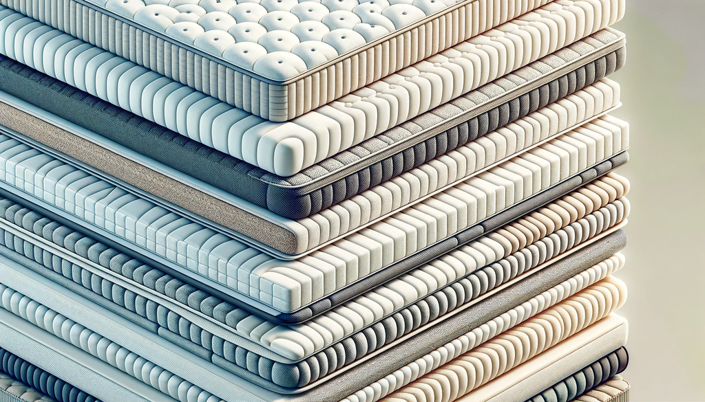 Vector image showcasing a close-up of various mattress toppers with different textures and materials. The toppers are laid out side by side, giving an impression of variety and customization options.