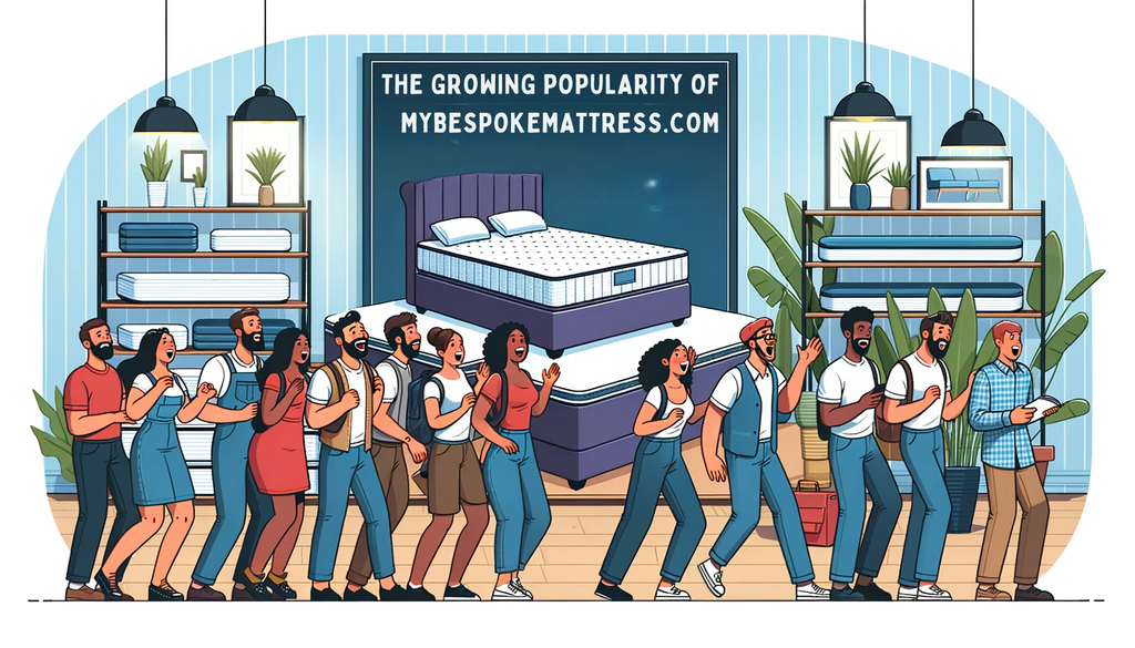 Vector illustration showcasing a diverse group of people excitedly looking at a variety of custom size mattresses displayed in a trendy showroom, with the title 'The Growing Popularity of Custom Size Mattresses' prominently displayed.