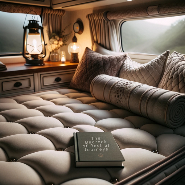Photo of a caravan interior illuminated by soft ambient lighting. A close-up of a luxurious bespoke mattress with intricate stitching details is the focus. A lantern on the bedside table casts a warm glow, and a journal titled 'The Bedrock of Restful Journeys' lies atop the mattress.