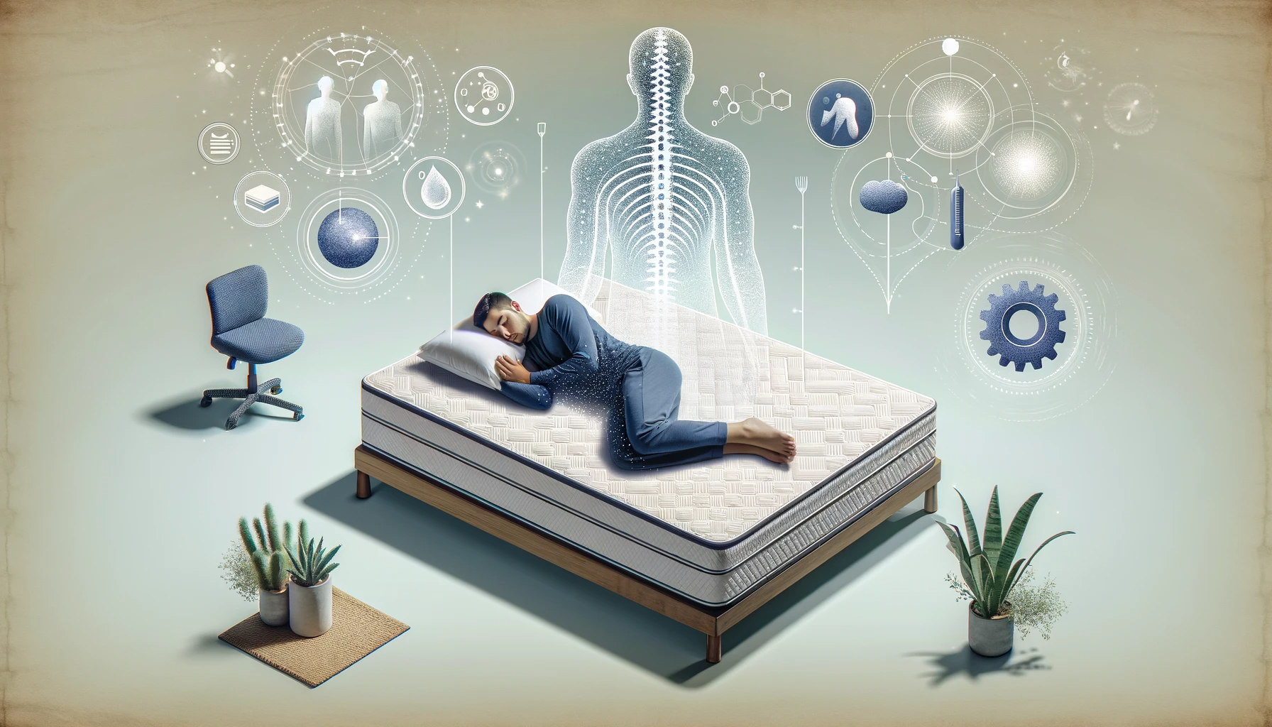 This image features a person sleeping peacefully on a high-tech mattress, surrounded by visual elements that symbolize the health benefits such as reduced stress, better posture, and overall well-being. The tranquil and restful setting emphasizes the improvements in health and lifestyle brought about by modern mattress technologies.