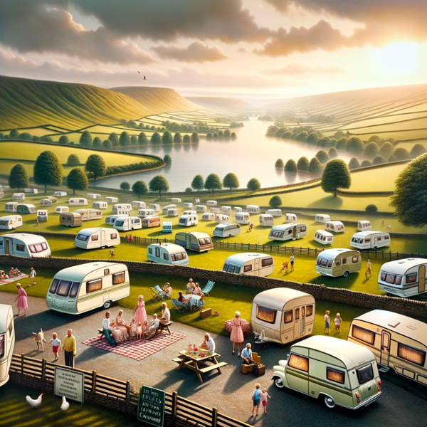 Photo of a picturesque British countryside setting with rolling green hills and a serene lake. Scattered across the landscape are various caravans of different sizes and designs. White English families are seen enjoying picnics, playing games, and relaxing by their caravans. The sky is painted with a golden hue as the sun sets, casting a warm glow over the scene. In the foreground, an elegantly designed sign reads, 'The UK's Love Affair with Caravans'.