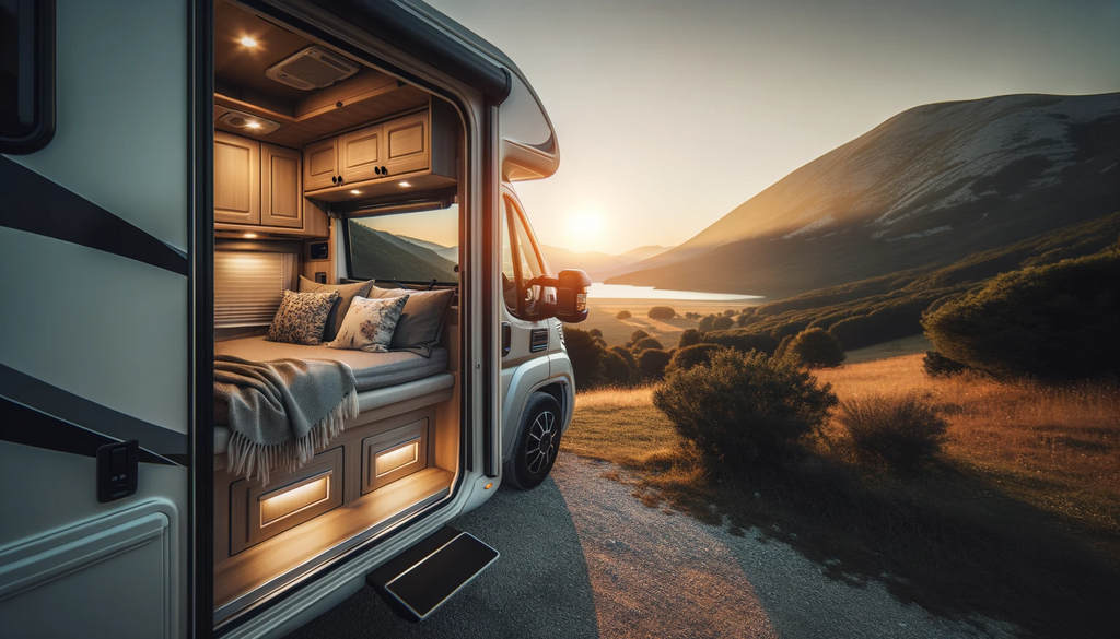 Photo of a picturesque motorhome parked in a serene countryside location during sunset. The door of the motorhome is slightly open, revealing a glimpse of a comfortable bed inside, with plush bedding and pillows. The outside environment contrasts the cosiness inside with a vast landscape, perhaps a mountain or lake in the background, signifying adventure and relaxation.