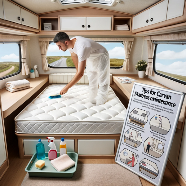 Photo of a bright caravan interior focusing on a pristine mattress. A white English individual is demonstrating various maintenance tasks: using a soft brush to clean the surface, applying a protective cover, and airing out the mattress by an open window. Beside the mattress, there's a tray with cleaning supplies like fabric cleaner, a soft cloth, and a spray bottle. An instructional chart on the caravan wall reads, 'Tips for Caravan Mattress Maintenance', with icons and brief descriptions of each step.