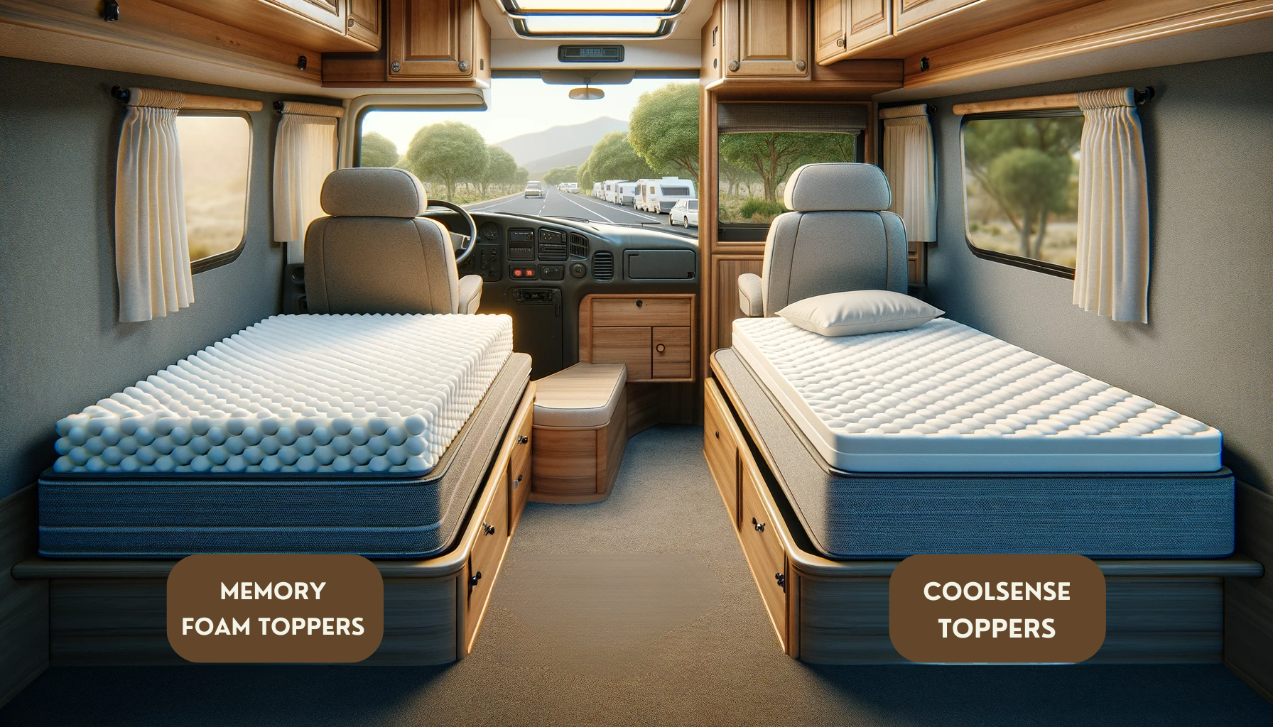 The visual showcases the variety, including memory foam, custom-made, and specialty toppers, highlighting their unique features and suitability for different travel vehicle beds