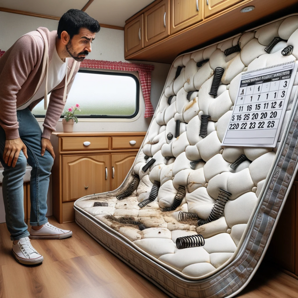 Photo of a caravan interior displaying an old, worn-out mattress with visible sagging areas and springs poking out. A calendar on the wall shows the passing years, symbolizing the longevity of the mattress. Beside the mattress, there's a guidebook with the title 'Understanding When It's Time to Replace Your Caravan Mattress'. A person of Hispanic descent, looking thoughtful, examines the mattress's condition.