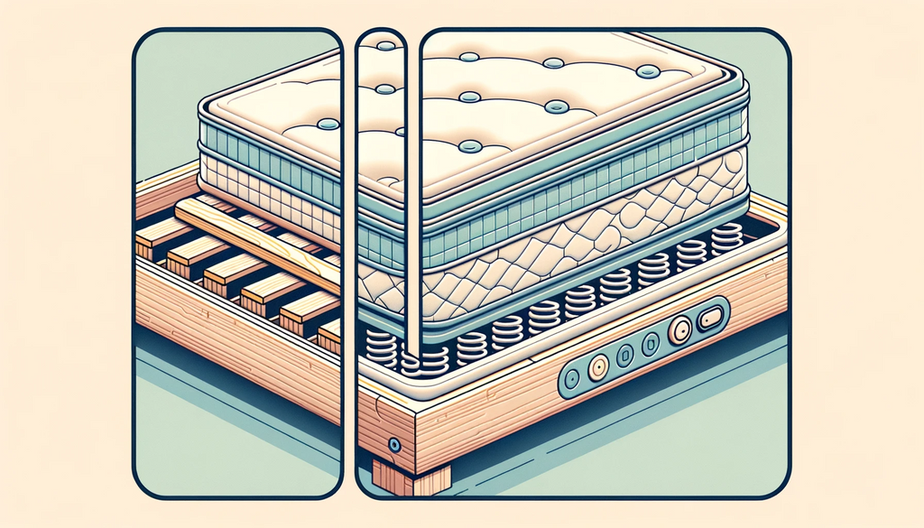 The first section shows a close-up of wooden slats supporting a mattress, the middle section displays a box spring with its coil structure visible beneath a mattress, and the third section portrays an adjustable bed base with buttons and mechanisms, hinting at its flexibility. The design uses soft color tones to differentiate each section while maintaining a cohesive look.