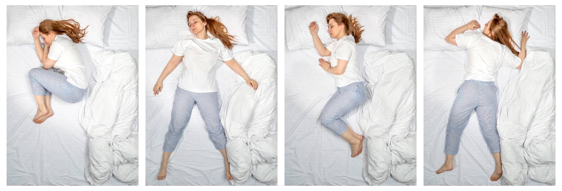 Various poses of a sleeping woman. Female side sleeper fetal position, on the back, on her side, face down on stomach in bed. Deep restful sleep. Girl lying in a nightie pajamas on white bed linen