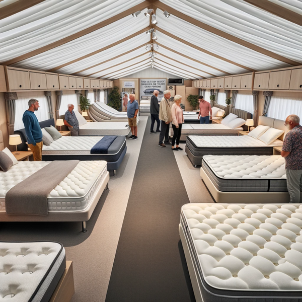 Photo of a spacious caravan showroom illuminated by natural light. Various types of mattresses, including Reflex foam, memory foam, CoolSense foam, pocket sprung, and hybrid mattresses, are displayed in an organized manner. Shoppers of diverse descents are testing the mattresses, feeling their texture, and discussing with sales representatives. A large banner hanging from the ceiling reads, 'Exploring the Best Replacement Caravan Mattresses'.