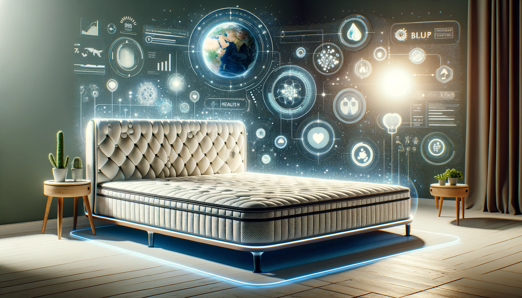 A visually inspiring image capturing the essence of the bright future of sleep technology. The scene includes a futuristic mattress integrated with high-tech features symbolizing personalization, health, and sustainability.