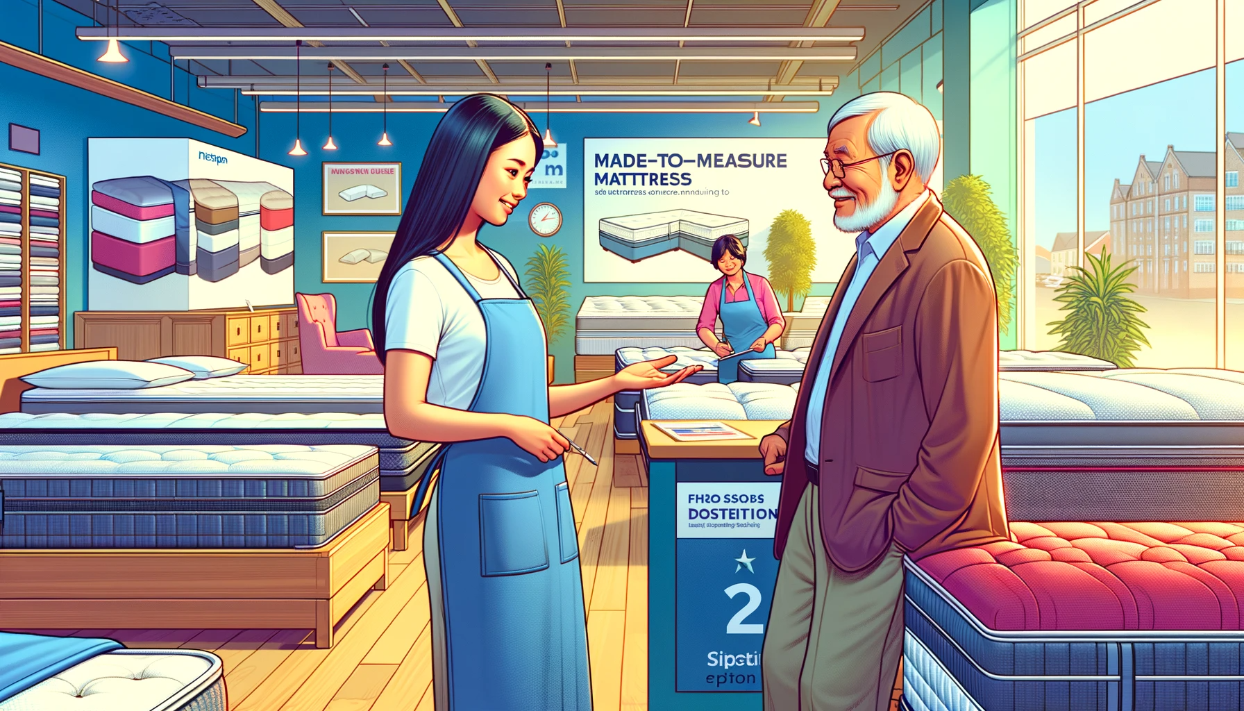 A vibrant image depicting a customer exploring options in a made-to-measure mattress store in the UK. The scene should show a diverse range of mattresses on display, with a knowledgeable salesperson (a young Asian woman) assisting a customer (an elderly Hispanic man). The store environment is welcoming and professional, filled with signage and displays that showcase various custom mattress options, highlighting the experience of shopping for a made-to-measure mattress in a specialized UK store