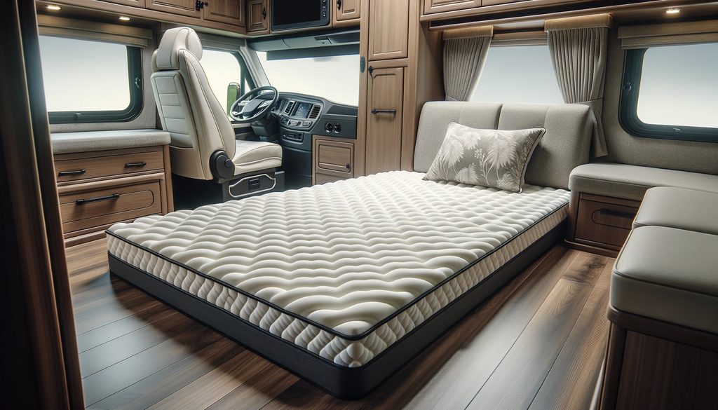 Photo of a plush memory foam mattress topper placed inside a modern motorhome interior, emphasizing its luxurious comfort and fit.