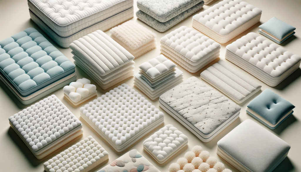 Photo of a variety of mattress toppers displayed in different shapes and sizes, spread out to showcase their diversity. The focus should be on the texture and thickness of each topper, emphasizing their comfort and quality.