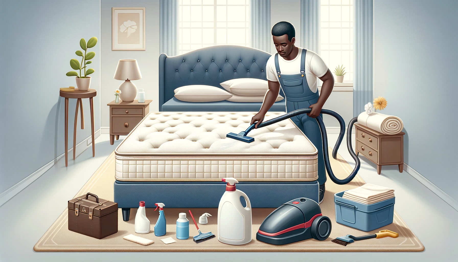 An image depicting the care and maintenance of a custom mattress in a home setting. The scene should include a person (a middle-aged Black man) gently vacuuming the mattress, demonstrating regular cleaning.