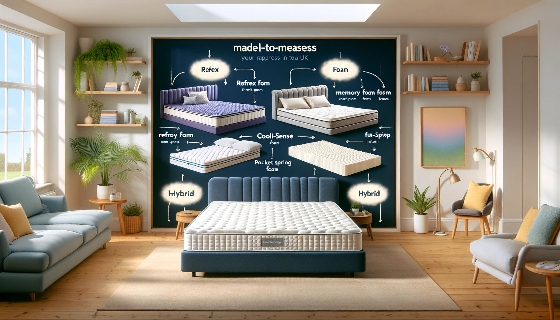An informative visual displaying different types of made-to-measure mattresses, including Reflex foam, memory foam, CoolSense foam, pocket sprung, and hybrid mattresses.
