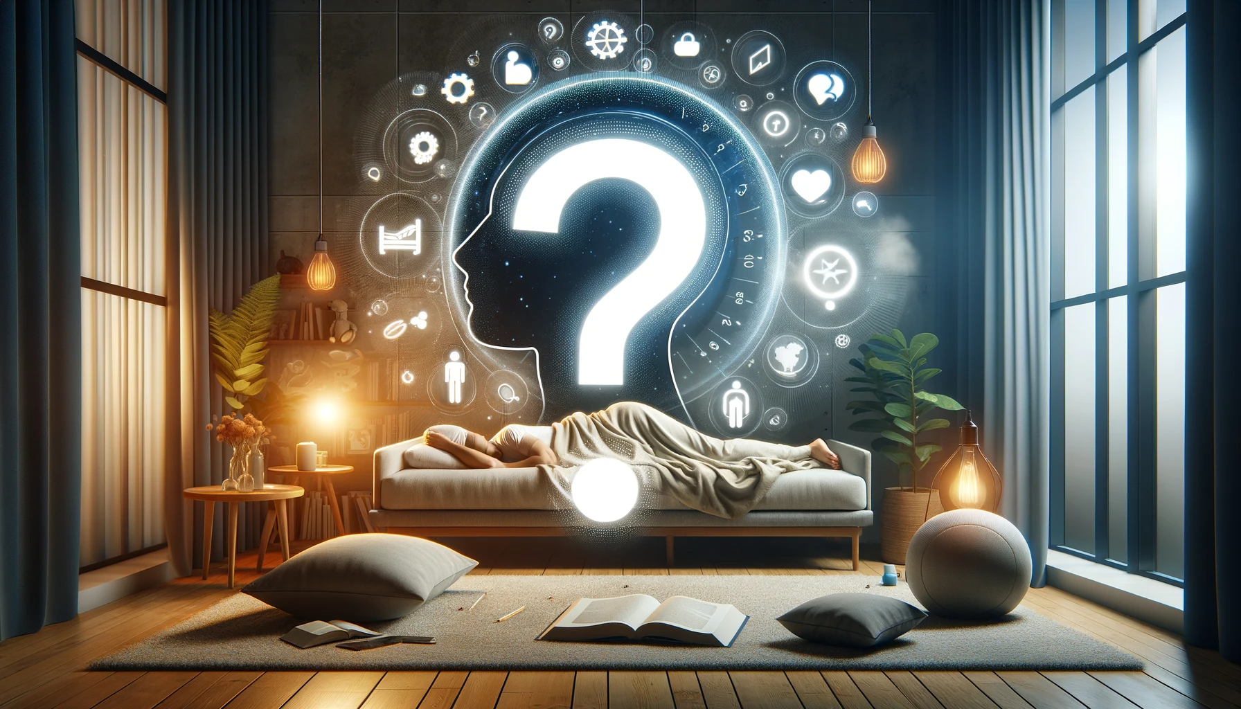 Here is the image illustrating the theme of frequently asked questions about sleeping positions. The scene depicts a comfortable sleep environment, enhanced with visual elements like question marks or thought bubbles