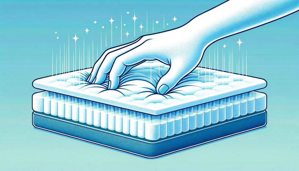 Vector illustration of a hand pressing down on one side of a memory foam mattress topper, while the other side remains untouched and even, highlighting the motion isolation feature of memory foam.