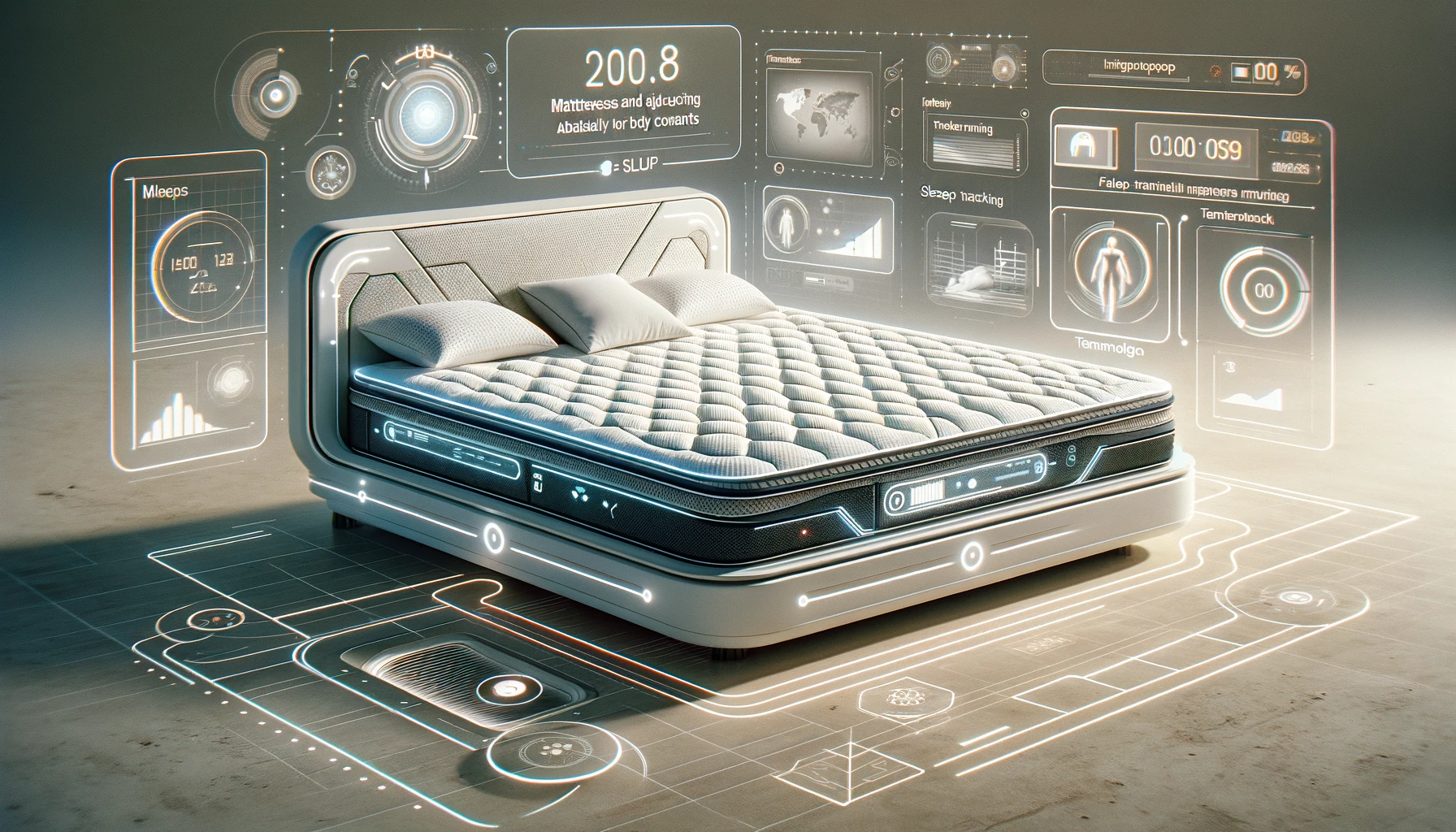 A futuristic and sci-fi styled image depicting the future trends in sleep technology. The scene includes advanced, high-tech mattresses with features like smart sensors, AI integration, and innovative materials.