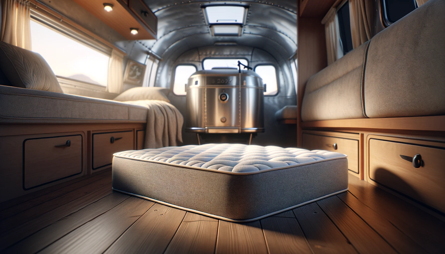 Here is the image showcasing a luxurious and comfortable replacement mattress, ideal for use in an Airstream caravan. The image focuses on the plush and inviting appearance of the mattress, emphasizing its quality and comfort for a superior travel experience