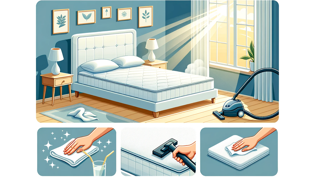 Vector image of a bedroom setting showing a pristine custom mattress with a protective cover, a gentle vacuum being used on it, a soft cloth wiping the surface, and a sunlit window indicating natural drying.