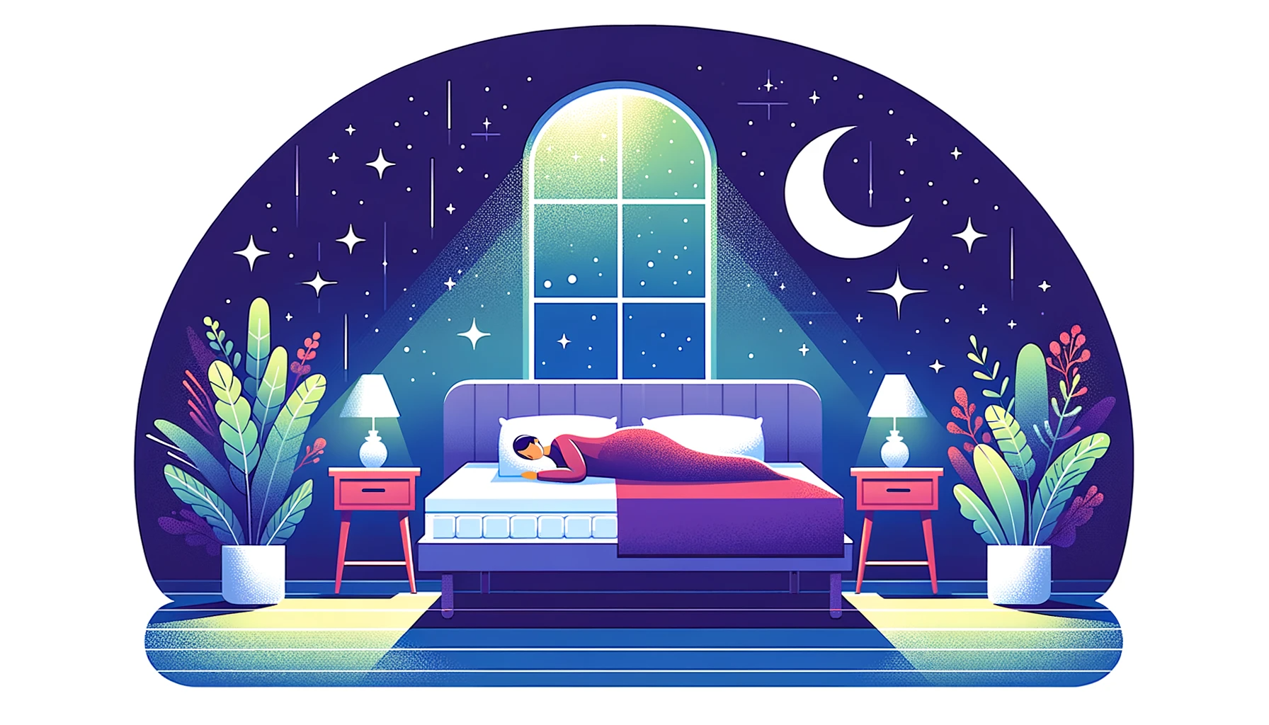 16:9 colorful vector illustration of a serene bedroom at night. A person is comfortably resting on a custom mattress, with a dreamy atmosphere. Stars and moonlight gently illuminate the room, symbolizing a peaceful night's sleep after a fulfilling custom mattress experience.