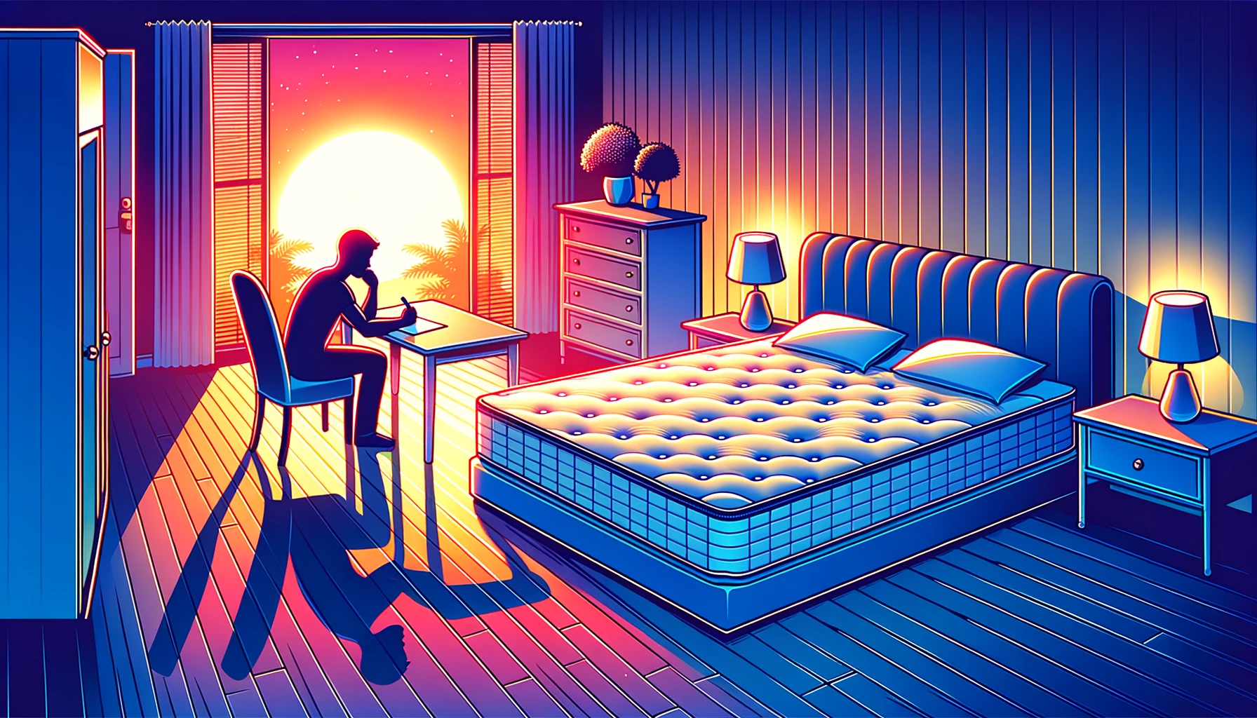 16:9 vibrant vector image of a bedroom at dusk. The room is bathed in the soft glow of a setting sun, with a custom mattress as the centerpiece. Silhouettes of a person reflecting and jotting down notes about their mattress experience can be seen.