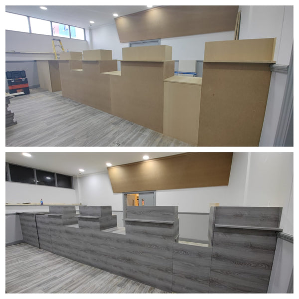 reception desk wrap wood vinyl